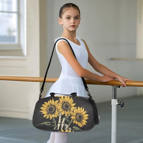 Kids Sports Duffel Bag for Boys & Girls - Skull Hand Skeleton Sunflower 100% Polyester Gym Bag with Separate Shoe Compartment, Adjustable Shoulder Strap, Compact Travel & Workout Gear - color: Skull Hand Skeleton Sunflower