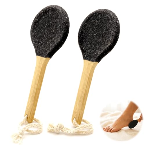 Curved Pumice Stone Foot File 2-Pack with Bamboo Handle | 82mm Contoured Surface for Heels & Toes | Callus Remover for Dry, Cracked Heels & Rough Skin