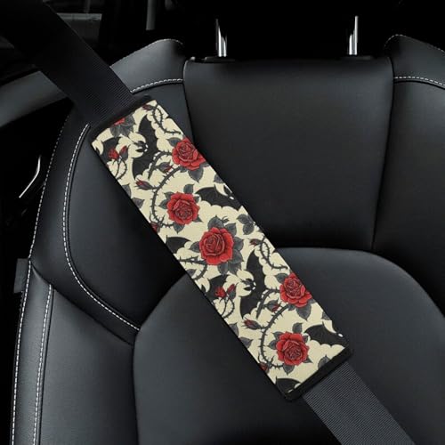 Breathable Seat Belt Shoulder Pad for Adults and Children, Stroller Pushchair High Chair, 2 Pack Halloween Goth Gothic Rose Bat Floral Neck Strap Covers Easy Install (No Tool) - color: Pattern 769