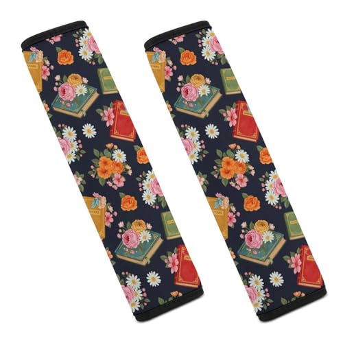 2PCS Readers Librarian Reading Flowers Book Car Seat Straps Shoulder Pads Universal Soft and Comfortable Seat Belt Covers Cushion for Child, All Vehicles, Shock Absorption - color: Pattern 493