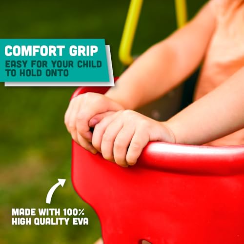 Premium High Back Full Bucket Toddler Swing Seat with Finger Grip, Plastic Coated Chains and Carabiners for Easy Install - Red - Squirrel Products - color: Red