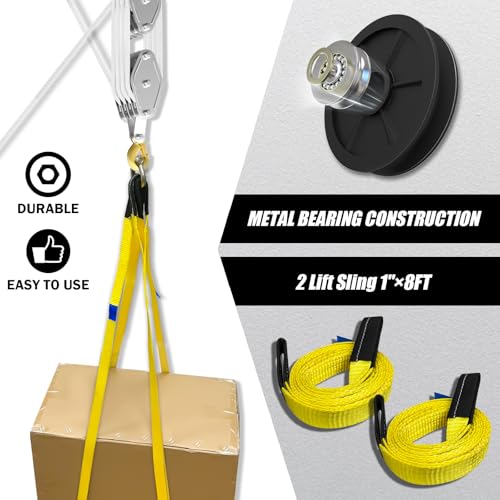 YATOINTO Rope Pulley Hoist 4400 LB, 8:1 Lifting Power Pulley Block and Tackle System, Pulley Block 2200LB Loading Capacity, 65ft Heavy Duty Rope Hoist for Lifting Pulling (with 2PCs Straps) - color: White, size: UPGRADED-4wheels+2pcs straps