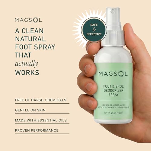 Magsol Natural Shoe Deodorizer & Foot Spray, Peppermint, Tea Tree & Eucalyptus Essential Oil Odor Eliminator for Sneakers, Work Boots & Gym Bags, Fast-Acting Foot Deodorant, 4 Fl Oz