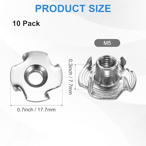 M METERXITY 10-Pack M5x7.7mm T-nut, 4-Pronged Tee Nut Threaded Insert | Stainless Steel, for Wood, Rock Climbing Holds, Furniture, Corrosion Resistant Fasteners - size: M5x7.7mm
