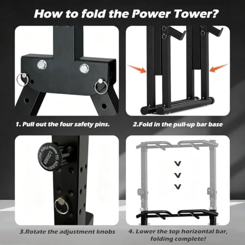 Foldable Power Tower Pull Up Bar Station, Adjustable Height | 700lbs Loading,Free Standing Pull Up Power Tower Station,Portable and Space Saving,fits Woman and Man, Mulit-grips, - color: Black