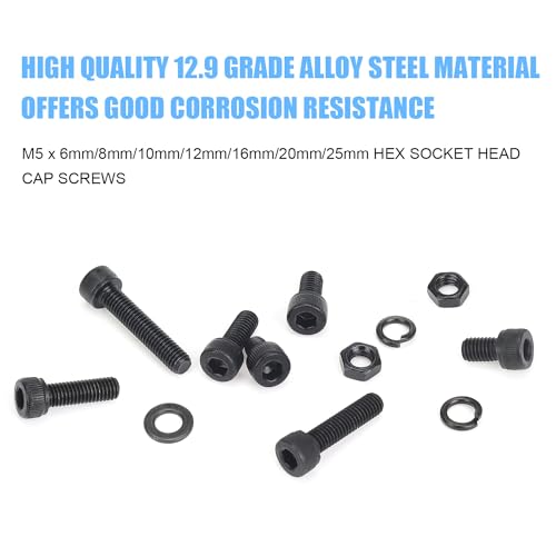 DYWISHKEY 226 Pieces M5 Black Screws, 12.9 Grade Alloy Steel M5x 6/8 /10/12 /16/20 /25mm Hex Socket Head Cap Screws Bolts Nuts Washers Assortment Kit - size: M5, style: Socket Head