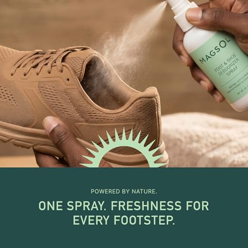 Magsol Natural Shoe Deodorizer & Foot Spray, Peppermint, Tea Tree & Eucalyptus Essential Oil Odor Eliminator for Sneakers, Work Boots & Gym Bags, Fast-Acting Foot Deodorant, 4 Fl Oz