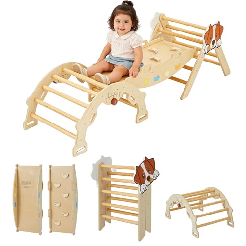 Takywep Pikler Triangle Set, 7-in-1 Foldable Pikler Triangle Climbing Toys Set with Arch & Ramp & Ladder, Indoor Playground Gym, Wooden Montessor Climbing Set for Kids Toddler - color: Brown-dog