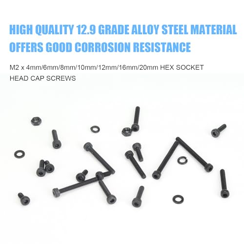 DYWISHKEY 566 Pieces M2 Black Screws, 12.9 Grade Alloy Steel M2x 4/6 /8/10 /12/16 /20mm Hex Socket Head Cap Screws Bolts Nuts Washers Assortment Kit - size: M2, style: Socket Head