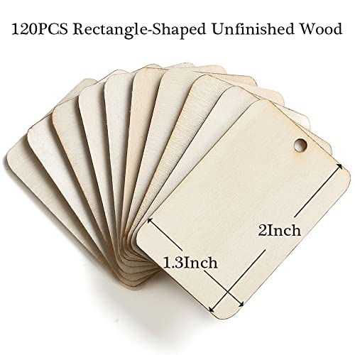 115 Pcs Unfinished Wood Pieces Rectangle-Shaped, HOOMBOOM 2 x 1.3 inch Light Wooden Cutout Natural Rustic with Hemp Rope, for Holiday Craft Projects, Hanging Decorations, Painting, Staining
