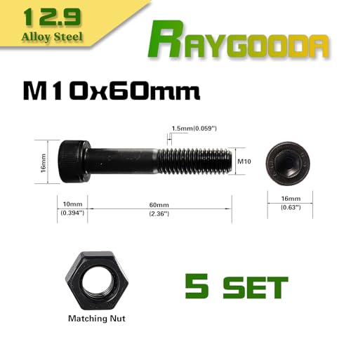 M10-1.5x60 Socket Head Cap Screw and Nut Kit 5set, Grade 12.9 Alloy Steel, Black Oxide Finish, Partially Thread, High Tensile Strength for Automotive, Machinery & Heavy Duty Use - size: M10x60mm(5 Sets）