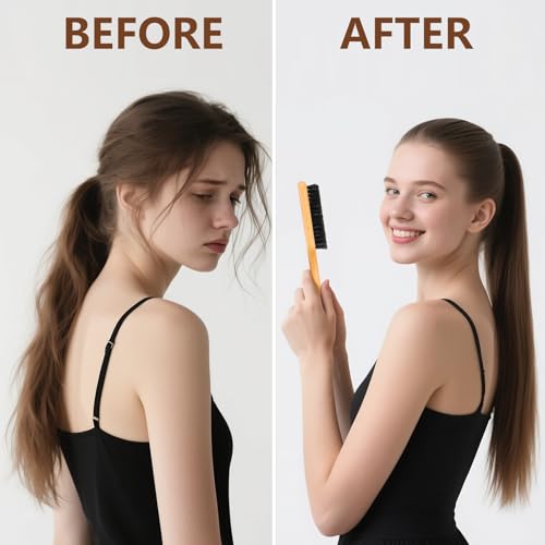 SWEET VIEW Boar Bristle Slick Back Hair Brush | Smooth Flyaways, Frizz, Sleek Ponytail, Buns and Edge Baby Hair, Gel Comb Styling Accessories for Girls, Kids and Women - color: Wood Color