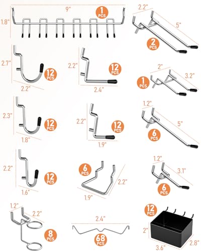 INCLY 170PCS 1/4 Inch Pegboard Hooks Kit with Bins & Peg Locks | Extra Thick Heavy Duty, Peg Board Organizer Accessories Assortment, For 1/4" Pegboard Hanging Tools Garage Wall Attachment - size: 170PCS
