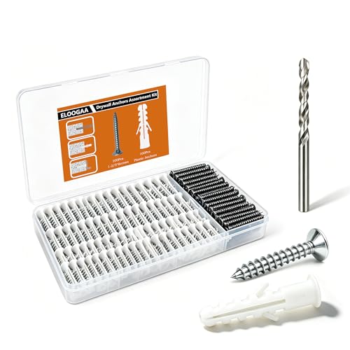 200Pcs Drywall Anchors and Screws Kit, 100Pcs Ribbed Plastic Wall Anchors with 100Pcs 1-2/5" Screws & Drill Bit, Heavy Duty Anchors for Hanging Pictures, Shelves, Home Mounting - size: 1-2/5 inch