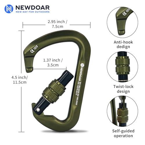 NewDoar CE Certified 30kN-6744lbs Climbing Carabiner Professional, Heavy Duty D Screwgate Clip, for Climbing,Rappelling,Hunting, Rescue - color: Screwgate/ArmyGreen/5pcs