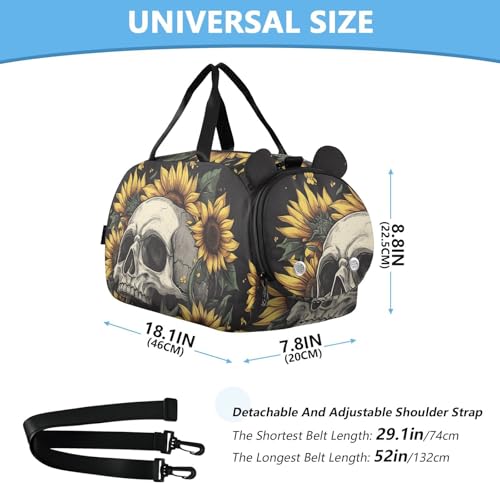 Kids Sports Duffel Bag for Boys & Girls - Skull Summer Sunflowers 100% Polyester Gym Bag with Separate Shoe Compartment, Adjustable Shoulder Strap, Compact Travel & Workout Gear Bag - color: Skull Summer Sunflowers