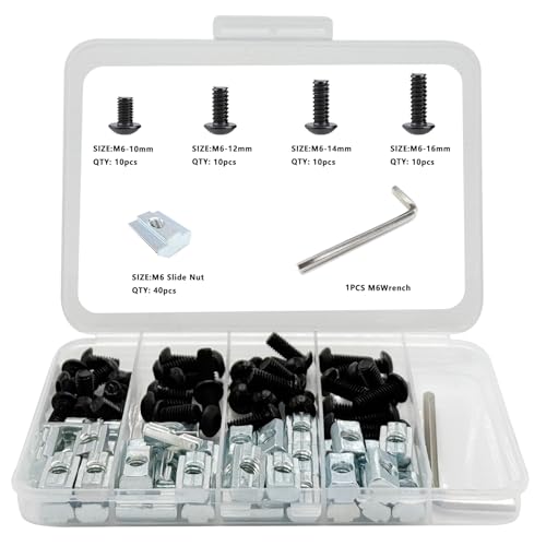 80 pcs M6 T Nut Screws Kit for 1010 1020 Aluminum Extrusion, 40 pcs Black M6x10/12/14/16mm Hexagon Socket Screws and 40 pcs M5 Sliding T-Nuts with 1 pcs M6 Hex Wrench - style: 80pcs 10 Series Screws Kit Black