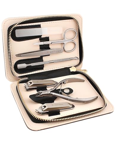Beauty Power Manicure Pedicure Set 7-in-1 Stainless Steel, Ultra Sharp, Slanted Nail Clipper, Fingernail Clipper, Cuticle Nipper, Glass Nail File, Eyebrow Tweezers, Scissors, Case - Gift Idea - Gray