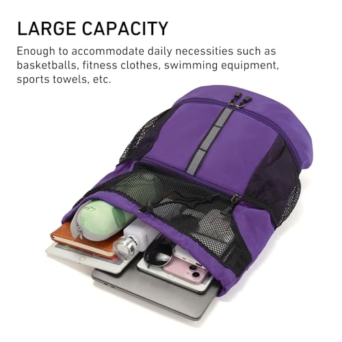 Valleycomfy Drawstring Gym Bag Sports Backpack With Shoe Compartment Purple | Reflective Strips Top Handle - color: Purple08