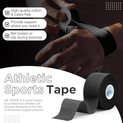 OK TAPE 4 Rolls Black Athletic Tape, Sports Tape, Very Strong Easy Tear Wrist Ankle Tape, No Sticky Residue | Athletes, Medical, Athletic Trainers- 1.5inch x 15yards - color: Black-4 Rolls, size: 15 yards