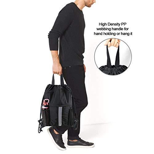 BeeGreen Drawstring Backpack Bag with Shoe Compartment, X-Large Black Gym Sports String Cinch Backpack - color: Black