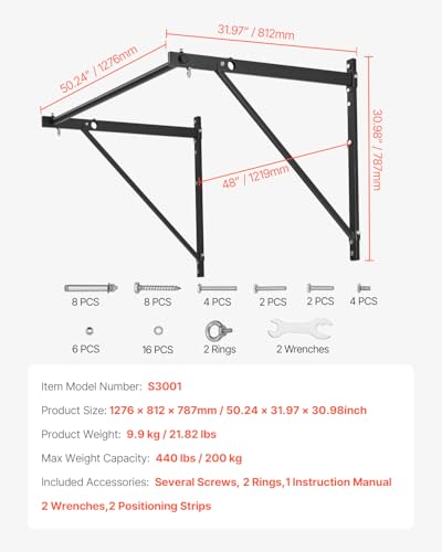 VEVOR Pull Up Bar, Multi-Grip Wall Mounted Pull Ups, 50 in Width Multifunctional Chin Up Training Station, Heavy Duty Steel Upper Body Workout Bars with Hangers, 440 lbs Weight Capacity, for Home Gym - size: Joist Mount