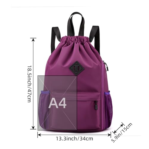 Valleycomfy Waterproof Drawstring Gym Backpack Bag for Men & Women Purple | Sports Gym Bag with Side Pocket - color: A-purple
