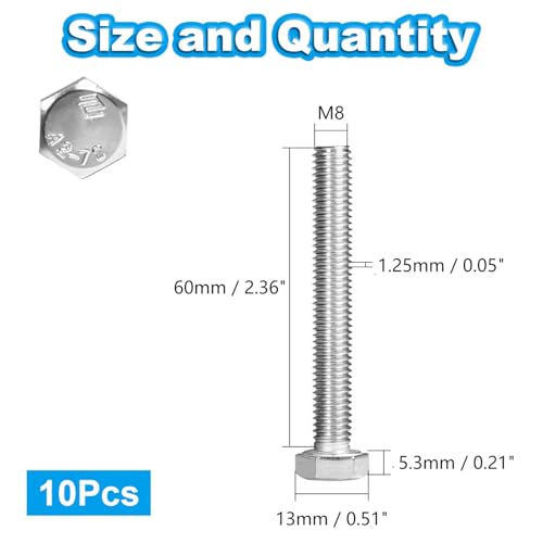10 Pcs M8 Hex Bolts M8-1.25 x 60mm Hex Head Screw Bolt 304 Stainless Steel M8-1.25mm Hexagon Bolts Hex Head Screws, Metric Machine Fully Thread, Bright Finish - size: M8-1.25 x 60mm