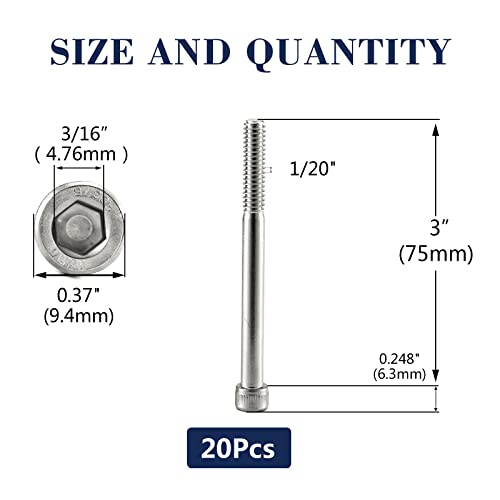 1/4-20 x 3 Socket Head Cap Screws Bolts, 20Pcs 304 Stainless Steel 18-8, Allen Socket Hex Drive, Partially Threaded, Bright Finish by SG TZH(with Hex Spanner) - size: 1/4-20 x 3"