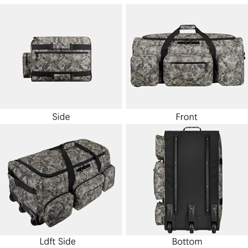 120L 3 Wheel Tactical Rolling Duffle Bag, Heavy Duty Military Deployment Luggage, 900D Waterproof Duffel for Camping Travel Outdoor Sports - color: Camo Brown