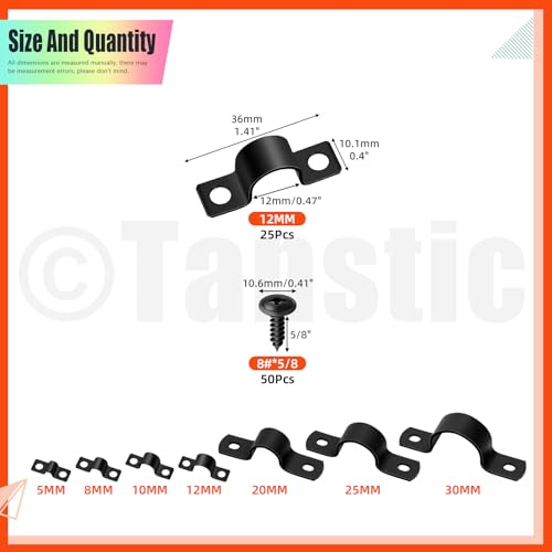 Tanstic 25Pcs Black Two Hole Pipe Strap, 1/2” Two Hole Strap U Bracket Rigid Pipe Strap Pipe Strap Clamp with Phillips Modified Truss Head Wood Screws for Fixing Pipe, Conduit, U Bracket - size: 1/2"