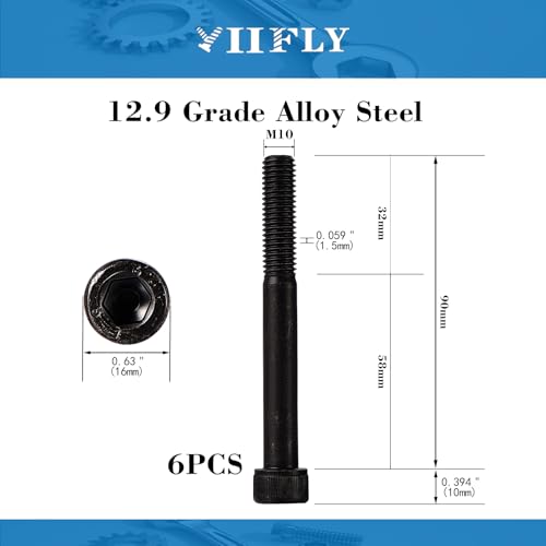 M10-1.5 x 90mm Socket Head Cap Screws, M10x1.5 Bolt, 12.9 Grade Alloy Steel, Allen Socket Drive, Black Oxide Finish, Half Thread, Quantity 6 - size: M10 x 90mm(6PCS)