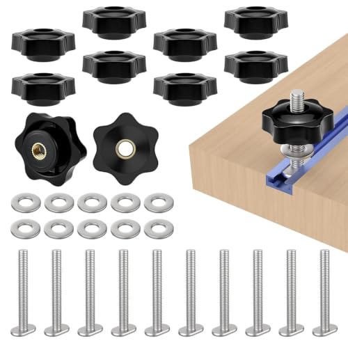 10 Sets 1/4"-20 T-Slot Fastener Kit | 1-1/4 Inch T Track Bolts with Star Knob Nuts | Heavy Duty Accessories | For Woodworking Fixture Installation - size: 1-1/4 Inch