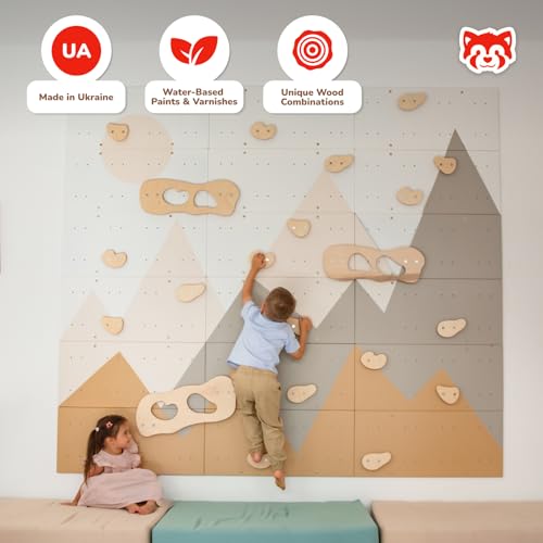 Wood And Hearts Indoor Rock Climbing Wall for Kids – 18 Wooden Climbing Panels with Rock Climbing Holds and Large Climbing Grips, Montessori Sensory Play Equipment for Playroom and Home Gym