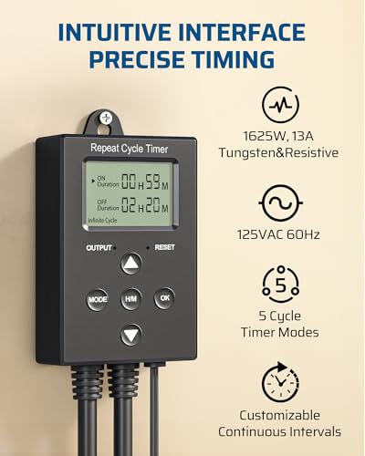 DEWENWILS Repeat Cycle Digital Timer, Interval Timer Outlet | 3-Pin Plug, 5 Modes, 1.8M Light Sensor Cable, 1625W/125V/13A, Photocell Sensor for Hydroponics Aquaponics Aeroponics, Pump