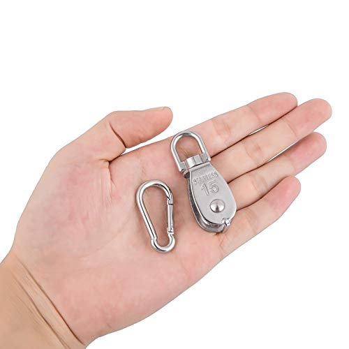 2X 304 Stainless Steel M15 Single Swivel Rope Pulley Blocks with Snap Hooks | 360° anti-twist swivel pulley. For lifting, towing & hanging wire rope on crane/outdoor. Has spring snap hooks for fast fit - size: M15-2pcs