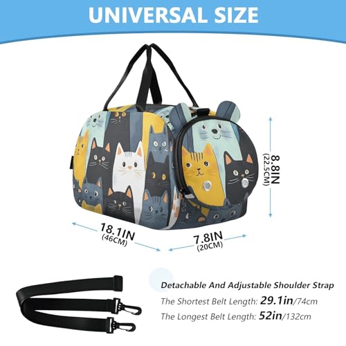 Kids Sports Duffel Bag for Boys & Girls - Cartoon Cat Patterns 100% Polyester Gym Bag with Separate Shoe Compartment, Adjustable Shoulder Strap, Compact Travel & Workout Gear Bag - color: Cartoon Cat Patterns