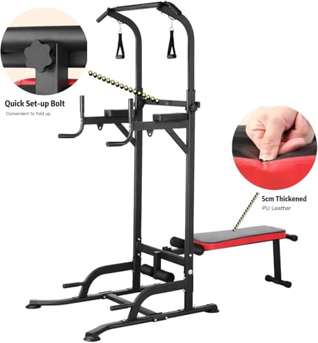 Arlopu Multi-Function Power Tower with Folding Bench 4 Training Ropes | Pull Up Bar Stand with Adjustable Heights and Angles, Heavy-duty Frame, 400LBS Capacity, Home Gym Full-body Strength Training