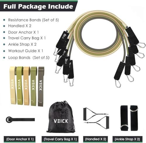 VEICK 10-150LBS Resistance Bands with Handles, Ankle Straps, Door Anchor | Accredited Lab Certified, 100% Natural Latex, Versatile for Yoga, Pilates, Strength, Home Gym - color: Army Green, style: 10-150LBS + 5 Loop Bands
