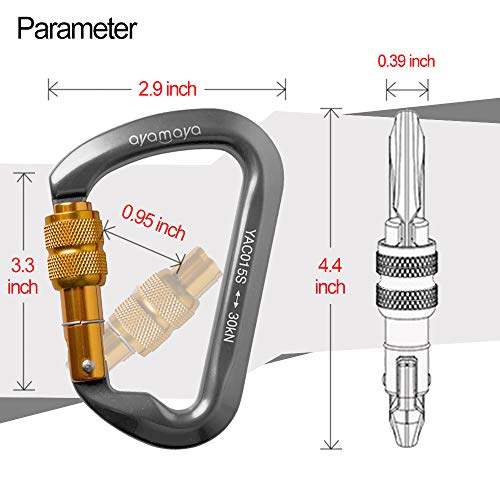 Ayamaya Climbing Carabiners - 3 Pack Screwgate Locking Carabiner 30KN (6744 lbs) Heavy Duty Gears for Rock Climbing, Rappelling, Swing Rescue & Gym, Large D-Shaped Carabiners - color: Grey