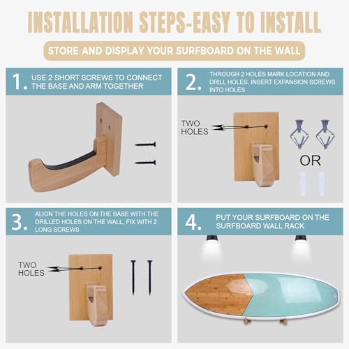 Surfboard Wall Mount Wooden Surf Board Wall Racks for 1 Board | Storage and Display Your Surfboards / Skimboards / Skateboards
