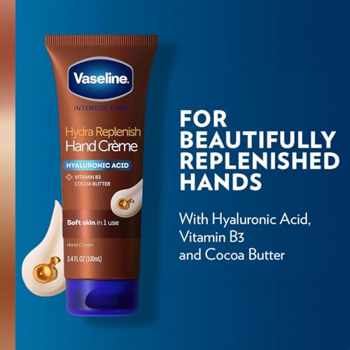 Vaseline Hand Cream 2-Pack – Hydra Replenish Crème with Hyaluronic Acid, Niacinamide & Cocoa Butter for Soft Skin + Cocoa Butter Lip Therapy Tube with Petroleum Jelly