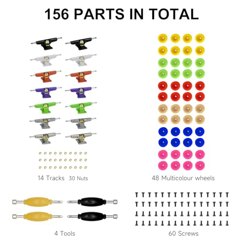 156PCS Fingerboard Repair Kit -Includes Case & Tools-Mini Finger Skateboard Parts Include 14 Multicolors Trucks & 48 Multicolour Bearingless Wheels & 60 Screws & 30 Nuts & 4 Screwdriver - color: Multicolour Trucks & Box #B