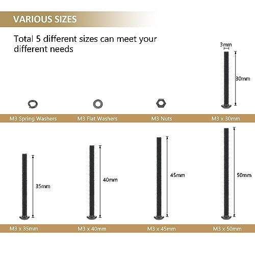 402 Pieces Black M3 x 30/35 /40/45 /50 mm Button Head Socket Cap Screws Nuts Washers Assortment Kit, 10.9 Grade Alloy Steel - size: M3 x 30/35/40/45/50mm, style: Button Head