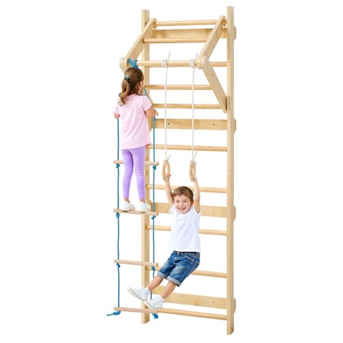 VEVOR Swedish Ladder Wall Gym, 4-in-1 8-Level Indoor Jungle Gym, 220LBS Loading Solid Wood Gymnastic Stall Bars, Indoor Playground Climbing Playset with Rings, Pull-Up Bar, Rope Ladder - style: 8-Level 4 in 1