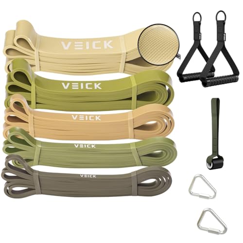 VEICK Pull Up Assist Resistance Bands for Home Gym | 100% Natural Latex, Non Slip Leather Texture, Space Saving, Versatile for Full Body Training, Home Gym - color: Green Set of 5 + Handles