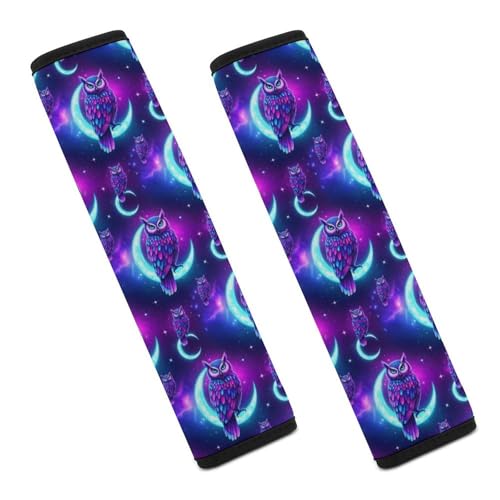 Universal Fit Seat Belt Cover for Adult Use, Stroller Pushchair High Chair, 2PCS Purple Owl On Crescent Moon Harness Pads Strap Shock Absorption - color: Pattern 32