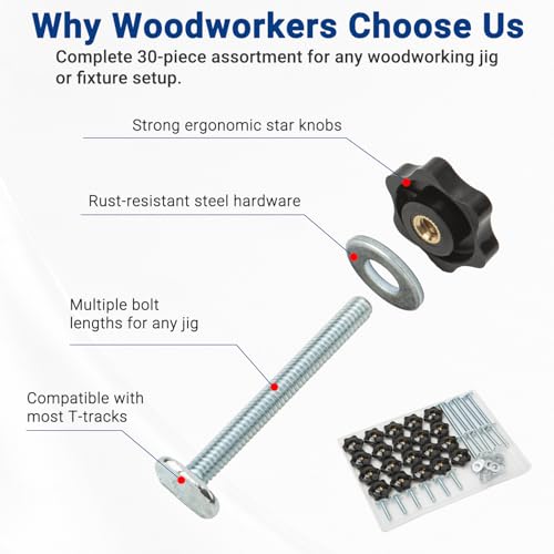 20 Sets T-Track Knob Kit, 1/4"-20 T Bolts (1", 1-1/2", 2-1/2") with Star Knobs & Washers, Assorted T Slot Bolts for Woodworking Jigs, Clamps & Fixture Building