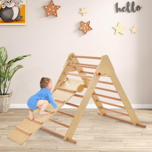 OLAKIDS Pikler Triangle Set 3 in 1 Climbing Toys for Toddlers Foldable Wood Montessori Baby Jungle Gym with Ramp Ladder Slide Kids Indoor Playground Activity Play Structure - color: Burlywood