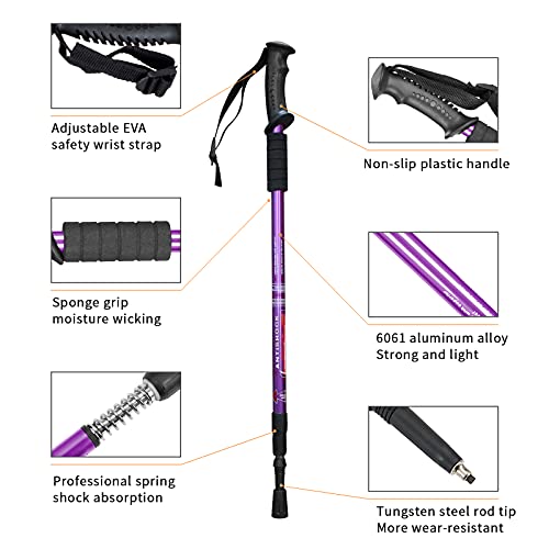Aihoye Trekking Poles,Adjustable Shock Absorbing Hiking Walking Stick-2Pcs | Aviation aluminum,Collapsible, Lightweight, All-terrain walking poles, Carry bag included - color: purple